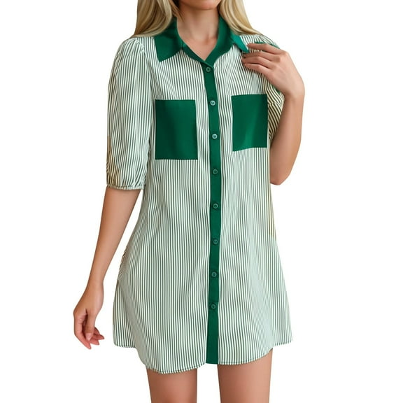 Women's Spring/Summer Casual V Neck Short Sleeve Buttoned Striped Belted Dress with Pockets, Striped Pattern, Customizable Fit, Multiple Sizes