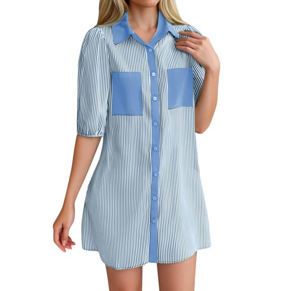 Women's Spring/Summer Casual V Neck Short Sleeve Buttoned Striped Belted Dress with Pockets, Striped Pattern, Customizable Fit, Multiple Sizes