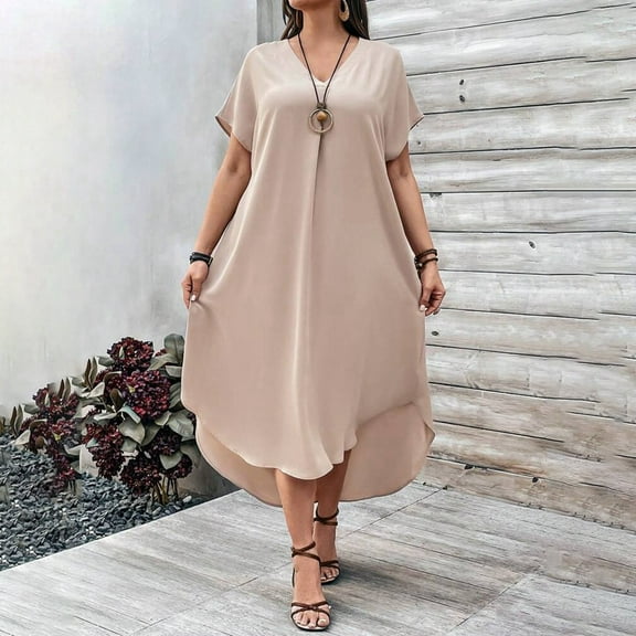 Women's Spring/Summer Casual V Neck Solid Color Loose Fit Plus Size Dress Dress plus plus Dresses for Women plus Size Formal Midi Dress Work Dresses plus Size Dresses plus Size for Women Party Pretty