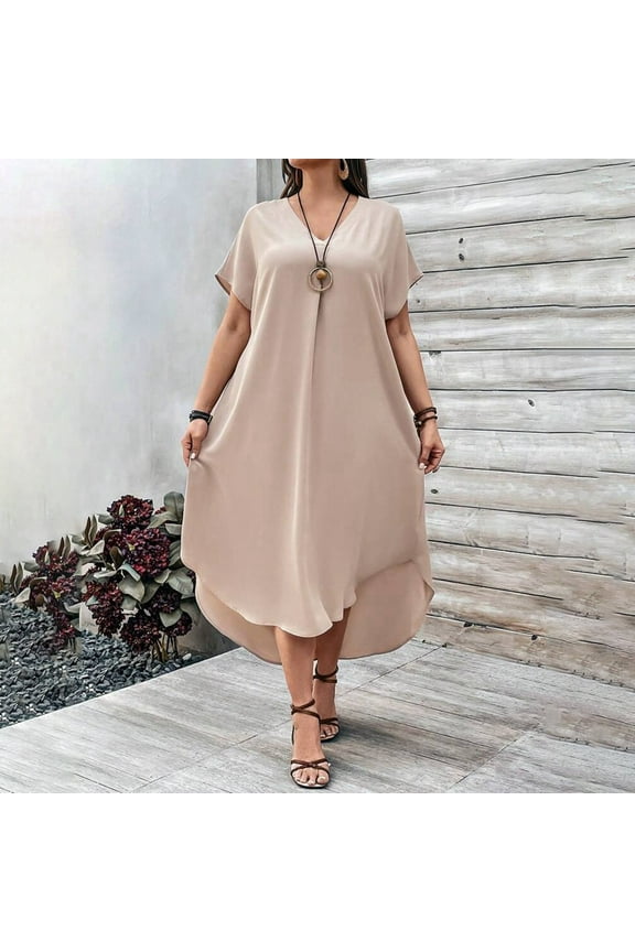 Women's Spring/Summer Casual V Neck Solid Color Loose Fit Plus Size Dress Dress plus plus Dresses for Women plus Size Formal Midi Dress Work Dresses plus Size Dresses plus Size for Women Party Pretty