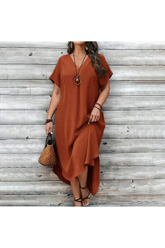 Women's Spring/Summer Casual V Neck Solid Color Loose Fit Plus Size Dress Dress plus plus Dresses for Women plus Size Formal Midi Dress Work Dresses plus Size Dresses plus Size for Women Party Pretty