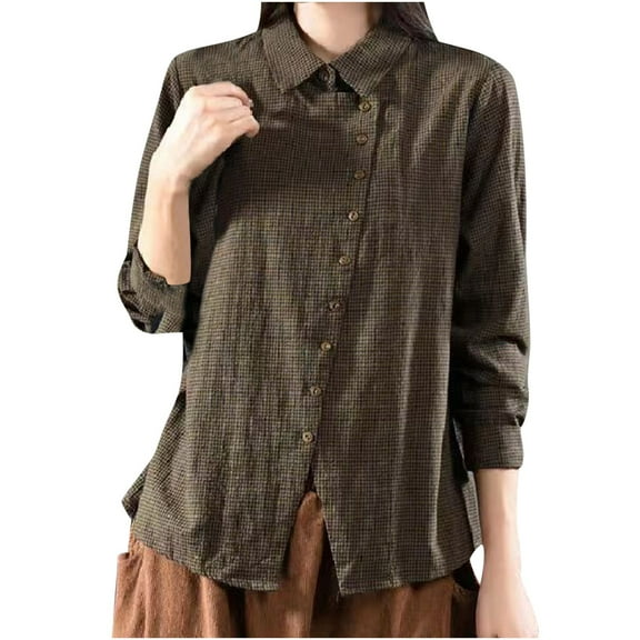 Women's Spring Summer Cotton Linen Casual Long Sleeve Turndown Collar Blouse Loose Tops Yellow,XL