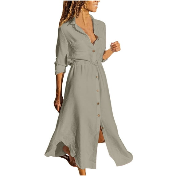 Women's Spring Summer Linen Long Shirt Dress Button Long Sleeve Side Split Casual Loose Maxi Dress