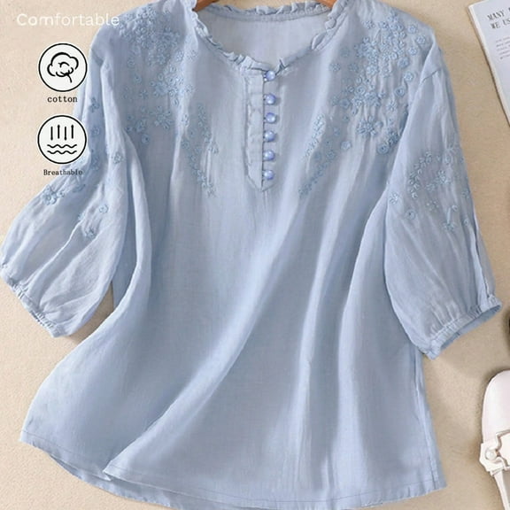 Women's Spring/Summer Embroidered Loose Bohemian Retro Mid-Sleeve Blouse Top
