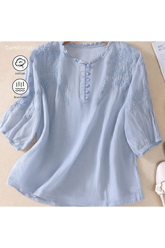 Women's Spring/Summer Embroidered Loose Bohemian Retro Mid-Sleeve Blouse Top