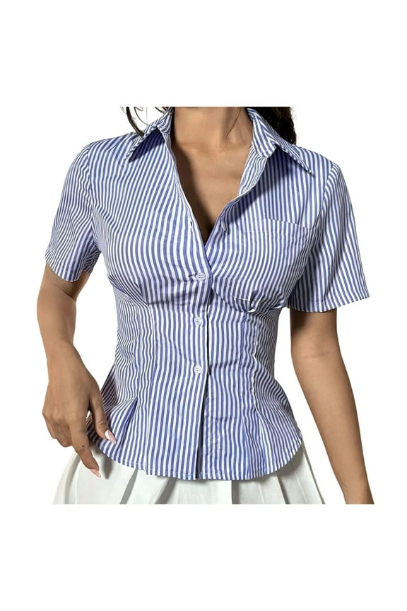 Women's Spring/Summer Fashion Waist Striped Shirt, College Style Buttoned Top with Casual Short Sleeves, Trendy and Comfortable Blouse, Ideal for Daily Wear, Elegant Office or Weekend Look