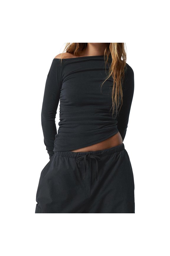 Women's Spring Summer Fitted Tops Long Sleeve Irregular Off Shoulder Ruched T-shirt