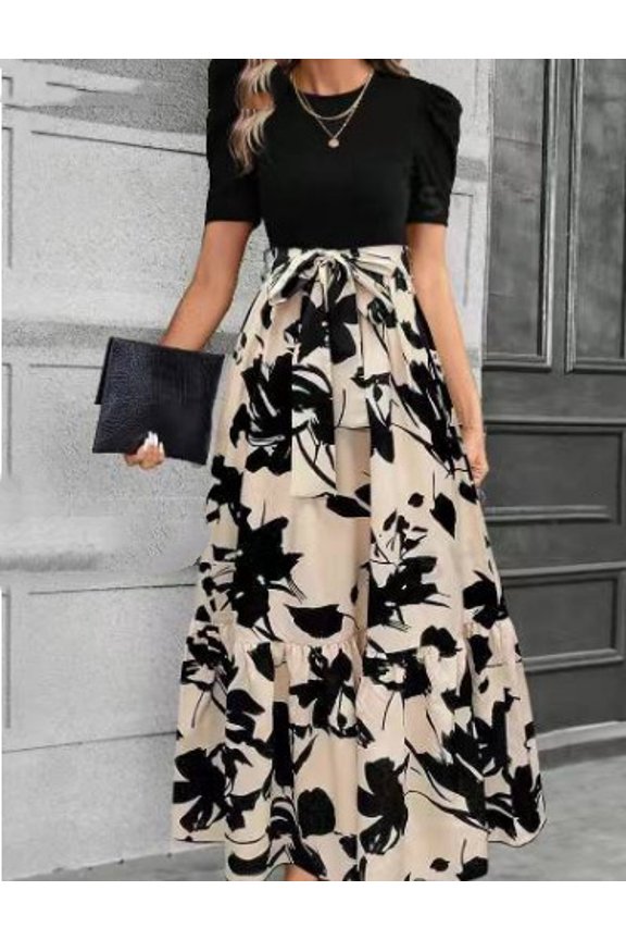 Women's Spring/Summer Floral Print Round-Neck Dress — Exotic Resort-Style Elegant Dress