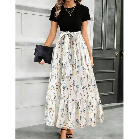 Women's Spring/Summer Floral Print Round-Neck Dress — Exotic Resort-Style Elegant Dress