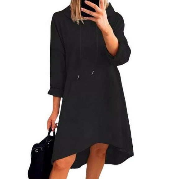 Women's Spring Summer Hooded Dress Casual Long Sleeve Midi Dress Going Out Work Office Tunic Pullover with Pockets