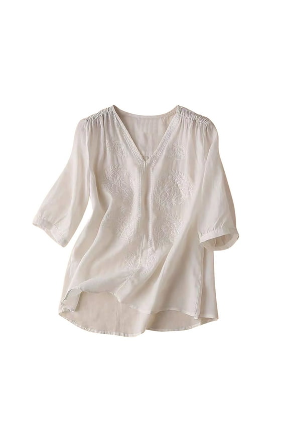 Women's Spring Summer Linen Casual Short Sleeve Blouse, Solid Color V-Neck Embroidered Shirt, Vintage Art Style Cotton Linen Top with Five-Point Sleeves, Comfortable and Stylish Daily Wear