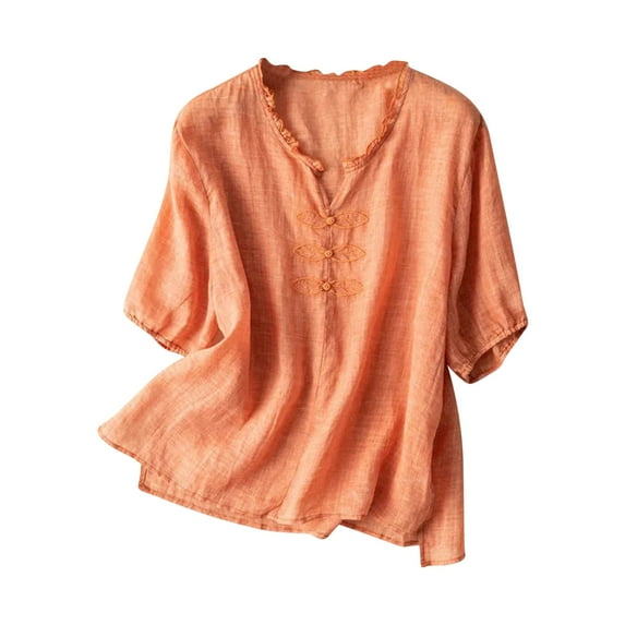 Women's Spring Summer Linen Casual Short Sleeve Blouse, Solid Color V-Neck Shirt with Ruffled Pleats, Vintage Style Cotton Linen Top, Comfortable and Lightweight Shirt for Daily Wear