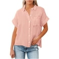 thumbnail image 1 of Women's Spring Summer Linen Casual Short Sleeve Round Neck Blouse, Loose Fit Cotton Linen Shirt with Pockets, Relaxed Fit Five-Point Sleeve Top, Comfortable and Stylish Casual Blouse for Daily Wear, 1 of 7