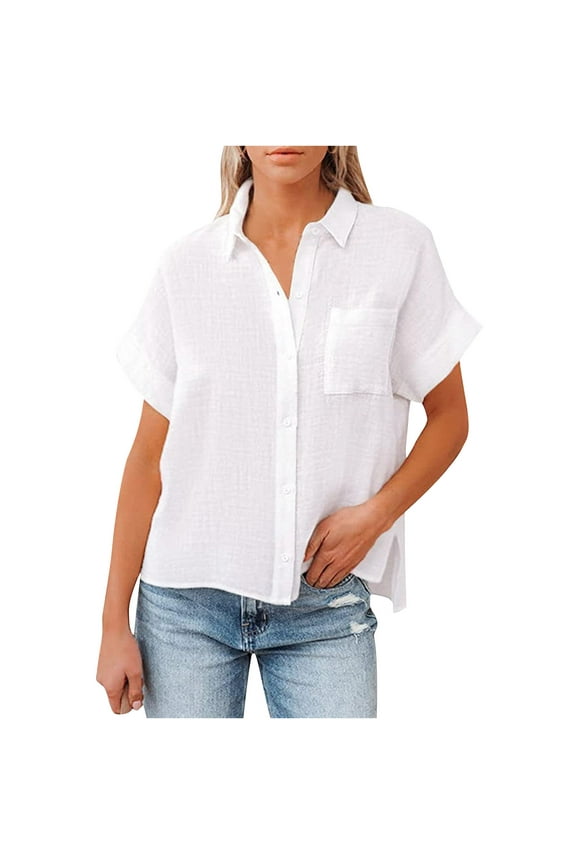 Women's Spring Summer Linen Casual Short Sleeve Round Neck Blouse, Loose Fit Cotton Linen Shirt with Pockets, Relaxed Fit Five-Point Sleeve Top, Comfortable and Stylish Casual Blouse for Daily Wear