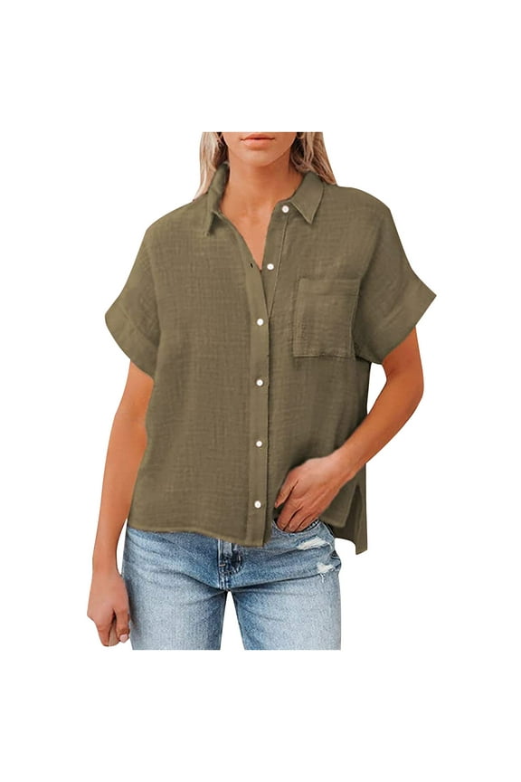 Women's Spring Summer Linen Casual Short Sleeve Round Neck Blouse, Loose Fit Cotton Linen Shirt with Pockets, Relaxed Fit Five-Point Sleeve Top, Comfortable and Stylish Casual Blouse for Daily Wear