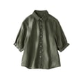 thumbnail image 1 of Women's Spring Summer Linen Casual Short Sleeve Turndown Collar Blouse, Loose Solid Color Buttoned Drawstring Hem, Cotton-Linen Relaxed Fit Shirt, Versatile and Breathable for Daily Wear, 1 of 7