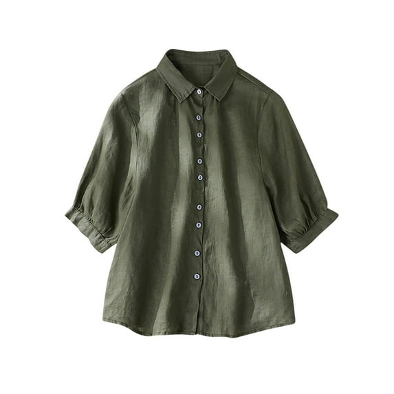 Women's Spring Summer Linen Casual Short Sleeve Turndown Collar Blouse, Loose Solid Color Buttoned Drawstring Hem, Cotton-Linen Relaxed Fit Shirt, Versatile and Breathable for Daily Wear
