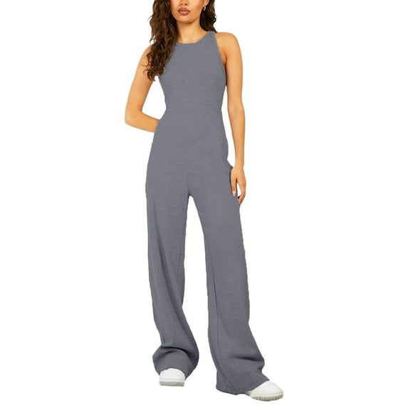 Women's Spring Summer Long Jumpsuit Sleeveless Crewneck Solid Color Club Bodysuit