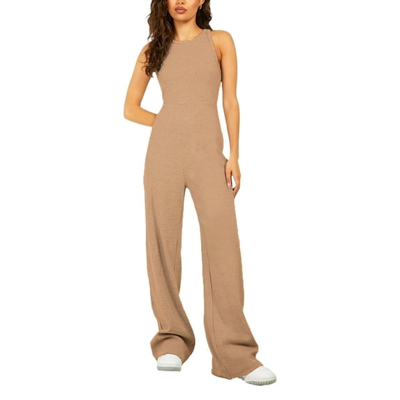 Women's Spring Summer Long Jumpsuit Sleeveless Crewneck Solid Color Club Bodysuit