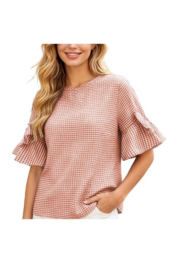Women's Spring Summer Loose Fit Crewneck Short Sleeve Top Ruffle Sleeve Plaid Casual Blouse Hot Pink
