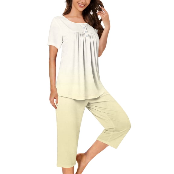 Women's Spring Summer Loose Fit Gradient Print Short Sleeve Crewneck Button Front Top and Capri Pants Pajama Set Yellow