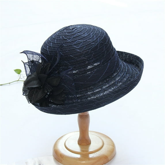 Women's Spring Summer Mesh Sunshade Hat with Flower Large Brim Fashion Style for Wedding Dresses,Navy,One Size,Dailypoc