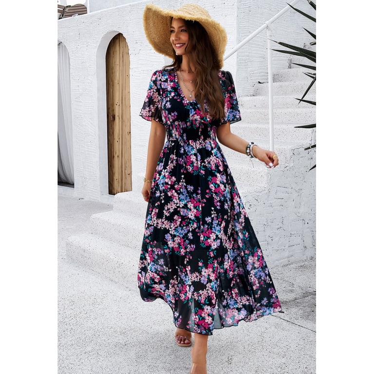 Women's Spring/Summer New Elegant Printed Waist-Slimming Short-Sleeve Chiffon Dress
