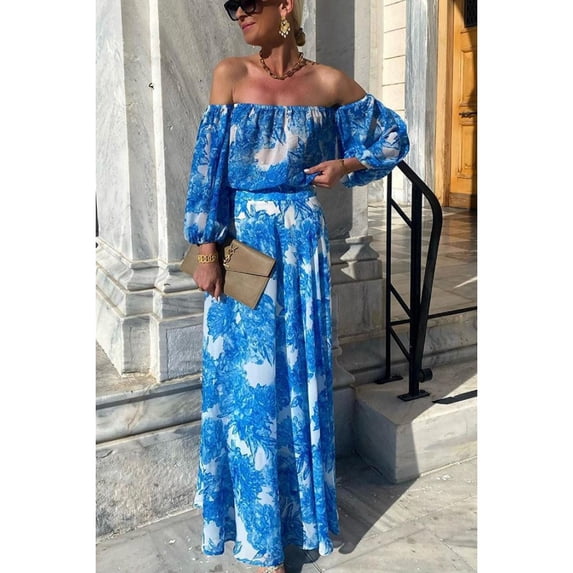 Women's Spring/Summer New Off-Shoulder Printed High-Waisted Elegant Dress