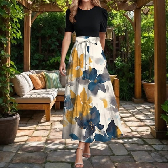 Women's Spring/Summer Print High Waist Elegant Dress Women Wrap around Dress plus Size Long Size Ruffle Dress 3x Dress Sweater Dress plus Size Women Semi Formal Dresses for Women plus Dresses with