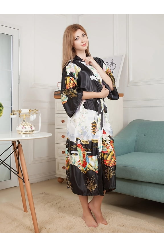 Women's Spring Summer Sleep Robe Satin Kimono Bathrobe Dressing Gown for 110lb-165lb