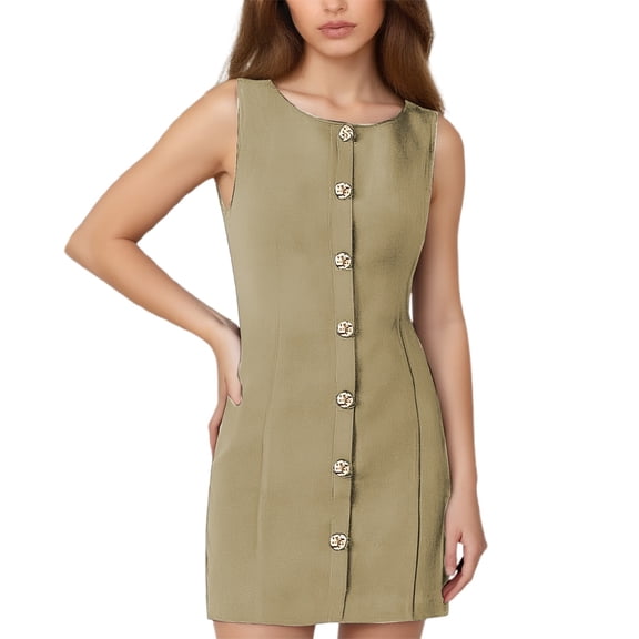 Women's Spring/Summer Sleeveless Round Neck Solid Color Short Dress With Buttons