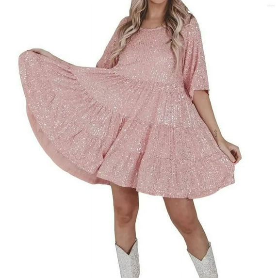 Women's Spring Summer Solid Color Fashion Loose Short Sleeve Round Neck Bead Dress