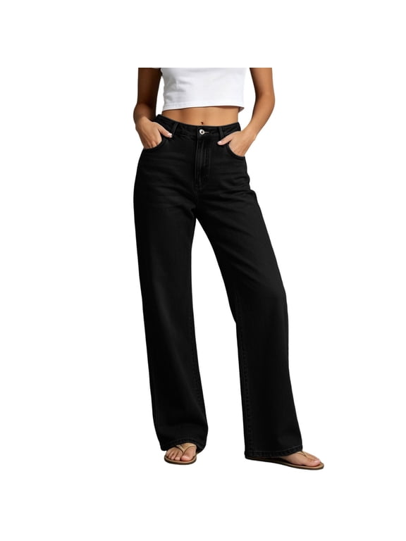 Women's Spring & Summer Solid Color High Waist Straight Leg Casual Jeans