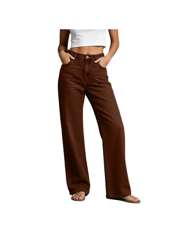 Women's Spring & Summer Solid Color High Waist Straight Leg Casual Jeans