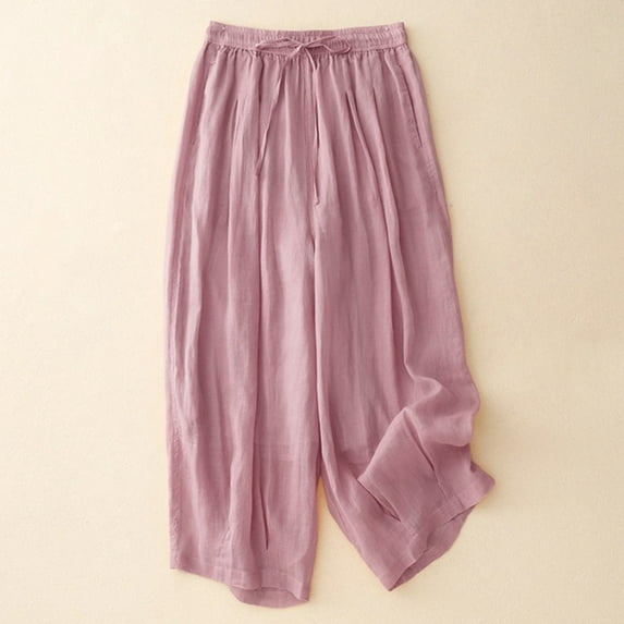 Women's Spring/Summer Solid Color Literary Lace Up Elasticated Waist Wide Leg Plus Size Loose Cropped Casual Pants Cute Casual Pants for Women Athletic Maternity Linen Pants for Women Casual plus Size