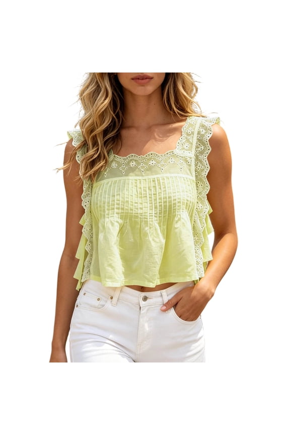 Women's Spring Summer Solid Color Sleeveless Square Neck Top Lace Trim Ruched Detail Casual Crop Blouse Yellow