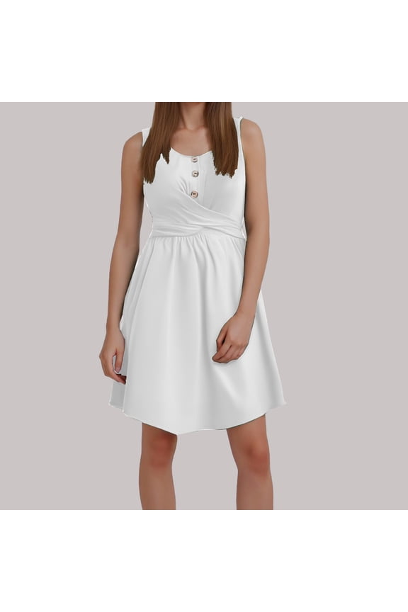 Women's Spring/Summer Solid Color U Neck Buttoned Sleeveless Dress Satin Dress plus Size Rose Dresses for Women plus Size Dresses with Sleeves Formal plus Dresses for Women plus Size Jean Dress for