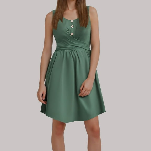 Women's Spring/Summer Solid Color U Neck Buttoned Sleeveless Dress plus Size Evening Dresses Wrap Midi Dress 4x Dress for Women plus Size plus Size Dress Formal Fall Dresses for Women plus Size