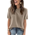 thumbnail image 1 of Women's Spring Summer Sweater 2026 Trendy Short Sleeve Knit Shirts Casual Loose Crewneck Tops Solid Color Tunics Brown S, 1 of 6