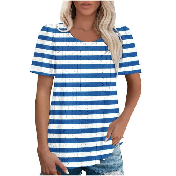 Women's Spring Summer Tops Puff Sleeve Loose Fit Tee Shirts Fashion Casual Crewneck Eyelet T-Shirts