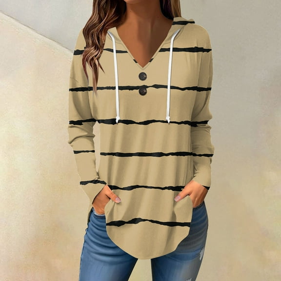 Women's Spring Summer Tops Women's Casual Fashion Print V Neck Long Sleeve Button Hoodie Tops