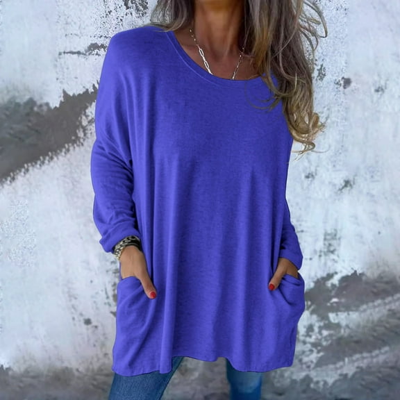 Women's Spring Summer Tops Women's Fashion Casual Solid Color Long Sleeve Loose Crewneck Pocket Top