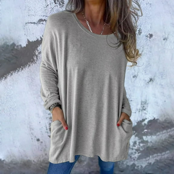 Women's Spring Summer Tops Women's Fashion Casual Solid Color Long Sleeve Loose Crewneck Pocket Top