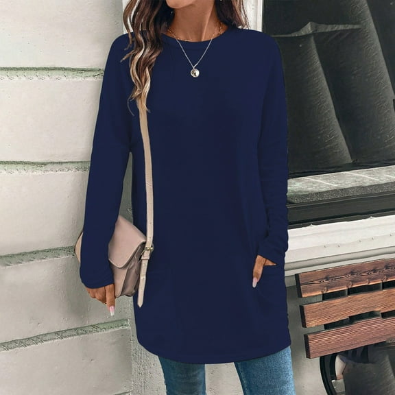 Women's Spring Summer Tops Women's Fashion Casual Solid Color Long Sleeve Loose Crewneck Pocket Top