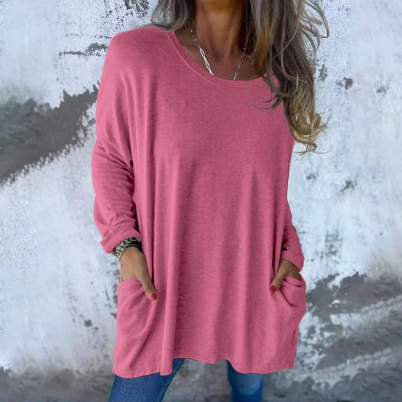 Women's Spring Summer Tops Women's Fashion Casual Solid Color Long Sleeve Loose Crewneck Pocket Top