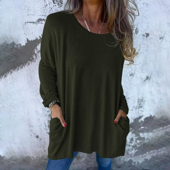 Women's Spring Summer Tops Women's Fashion Casual Solid Color Long Sleeve Loose Crewneck Pocket Top
