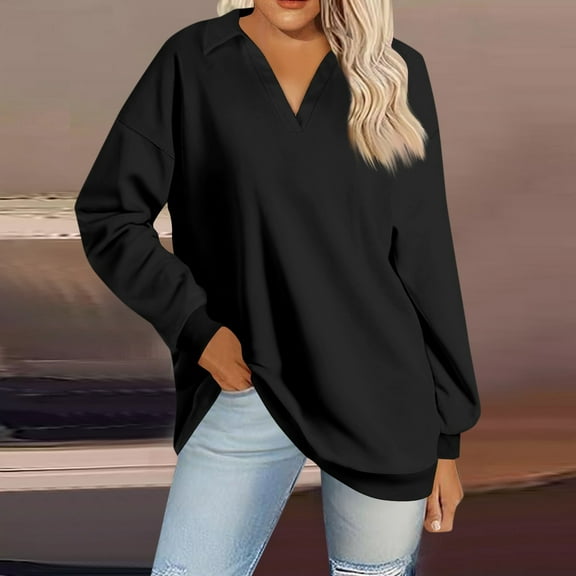 Women's Spring Summer Tops Women's Fashion Solid Color V Neck Long Sleeve Loose Pullover Sweatshirt Top