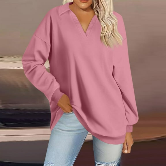 Women's Spring Summer Tops Women's Fashion Solid Color V Neck Long Sleeve Loose Pullover Sweatshirt Top
