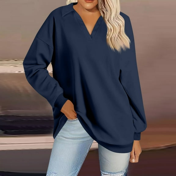 Women's Spring Summer Tops Women's Fashion Solid Color V Neck Long Sleeve Loose Pullover Sweatshirt Top