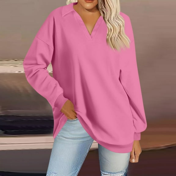 Women's Spring Summer Tops Women's Fashion Solid Color V Neck Long Sleeve Loose Pullover Sweatshirt Top